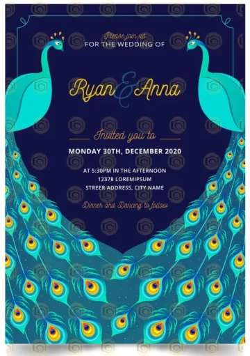Elegant Wedding Invitation Featuring A Vibrant Peacock Design